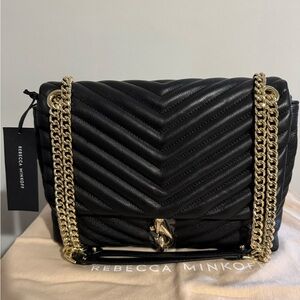 Rebecca Minkoff Black Quilted leather Chevron Shoulder Bag with Gold Chain NWT